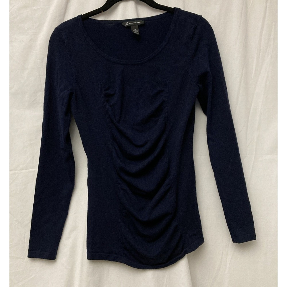 INC International Concepts Women's Navy Front Rouche Long Sleeve Sweater - SZ M